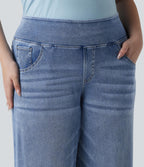 Plus Size Mid Rise Draped Lyocell Washed Baggy Casual Jeans with Pockets — Blue Jasper Denim — view 5