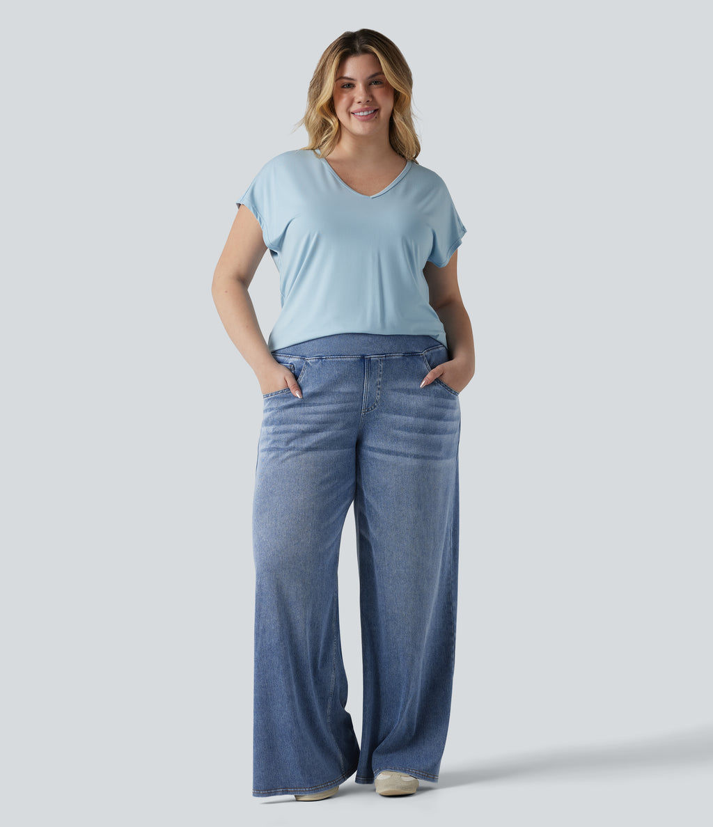 Plus Size Mid Rise Draped Lyocell Washed Baggy Casual Jeans with Pockets — Blue Jasper Denim — view 6