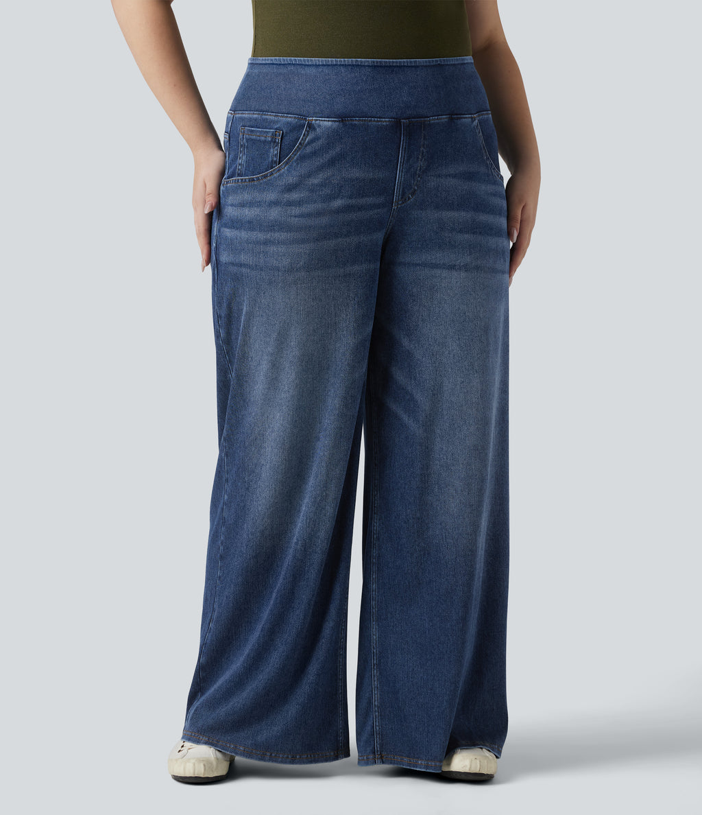 Plus Size Mid Rise Draped Lyocell Washed Baggy Casual Jeans with Pockets — Tide Blue Denim — view 7