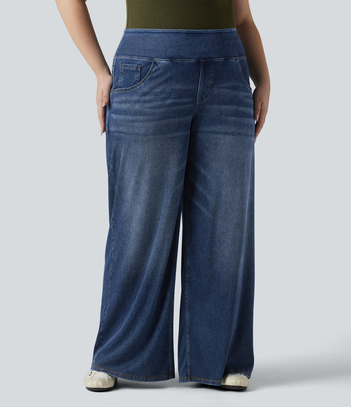 Plus Size Mid Rise Draped Lyocell Washed Baggy Casual Jeans with Pockets — Tide Blue Denim — view 7