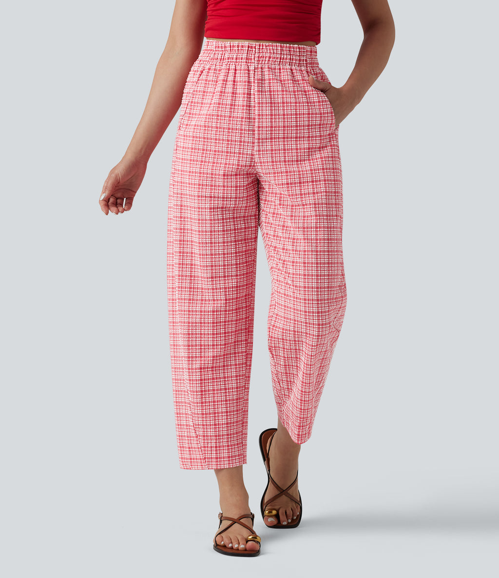 High Waisted Crinkle Plaid Casual Trousers with Pockets — Crimson Snow Weave Plaid — view 3