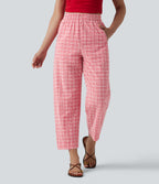 High Waisted Crinkle Plaid Casual Trousers with Pockets — Crimson Snow Weave Plaid — view 3