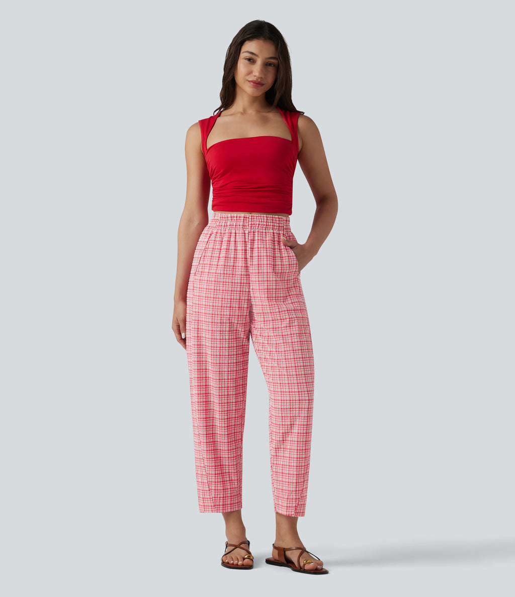 High Waisted Crinkle Plaid Casual Trousers with Pockets — Crimson Snow Weave Plaid — view 5