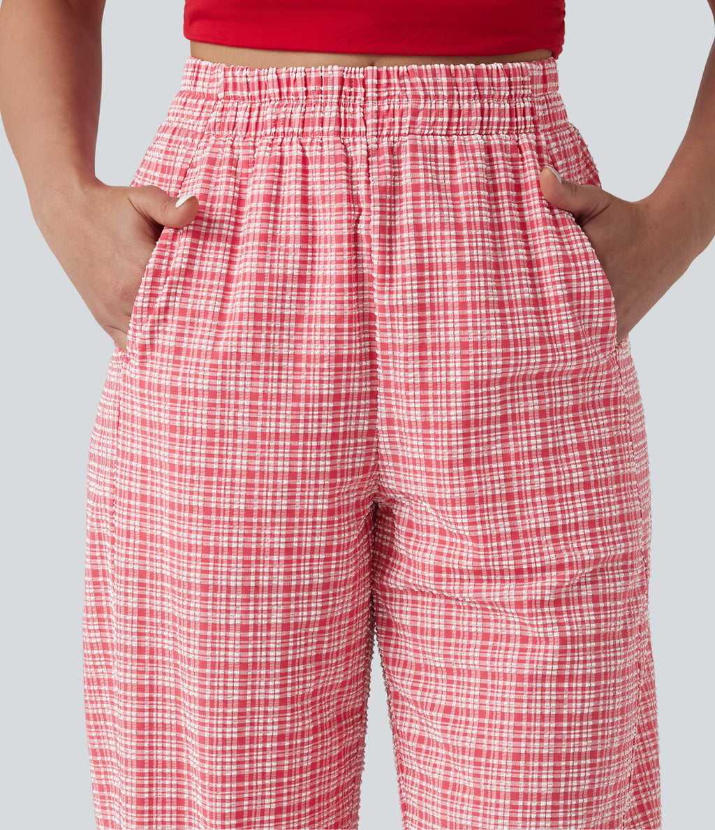 High Waisted Crinkle Plaid Casual Trousers with Pockets — Crimson Snow Weave Plaid — view 4