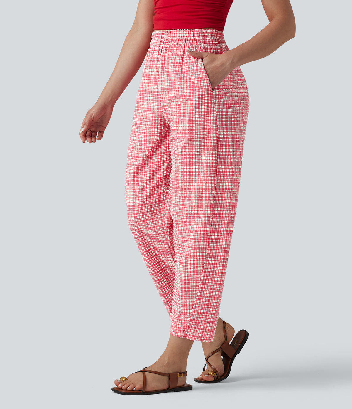 High Waisted Crinkle Plaid Casual Trousers with Pockets — Crimson Snow Weave Plaid — view 1