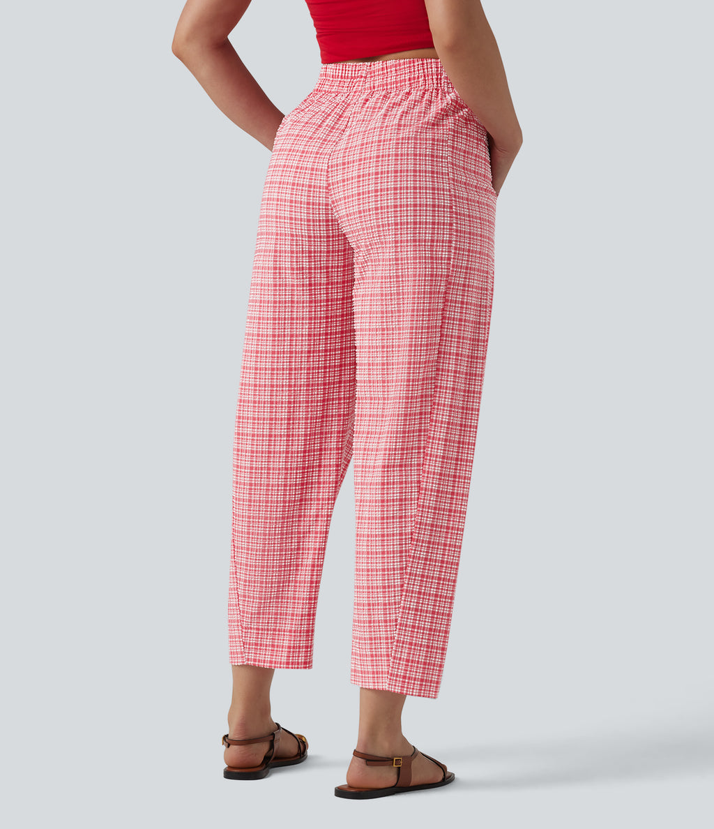 High Waisted Crinkle Plaid Casual Trousers with Pockets — Crimson Snow Weave Plaid — view 2