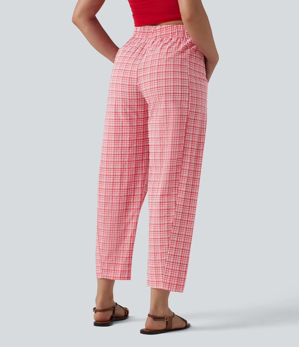 High Waisted Crinkle Plaid Casual Trousers with Pockets — Crimson Snow Weave Plaid — view 2