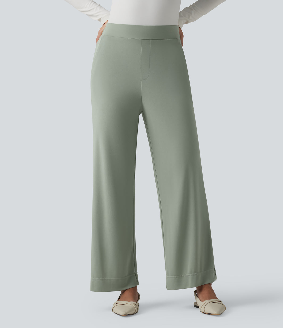 High Waisted Work Straight Leg Trousers with Pockets — Desert Sage — view 3