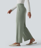High Waisted Work Straight Leg Trousers with Pockets — Desert Sage — view 1