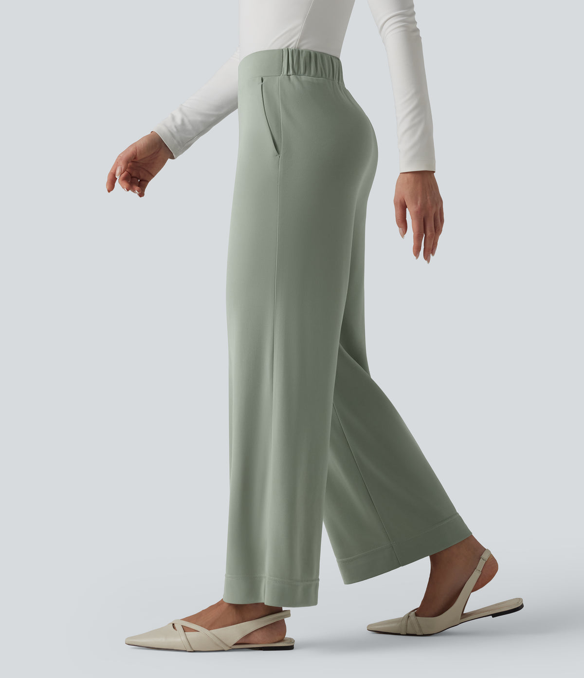 High Waisted Work Straight Leg Trousers with Pockets — Desert Sage — view 1