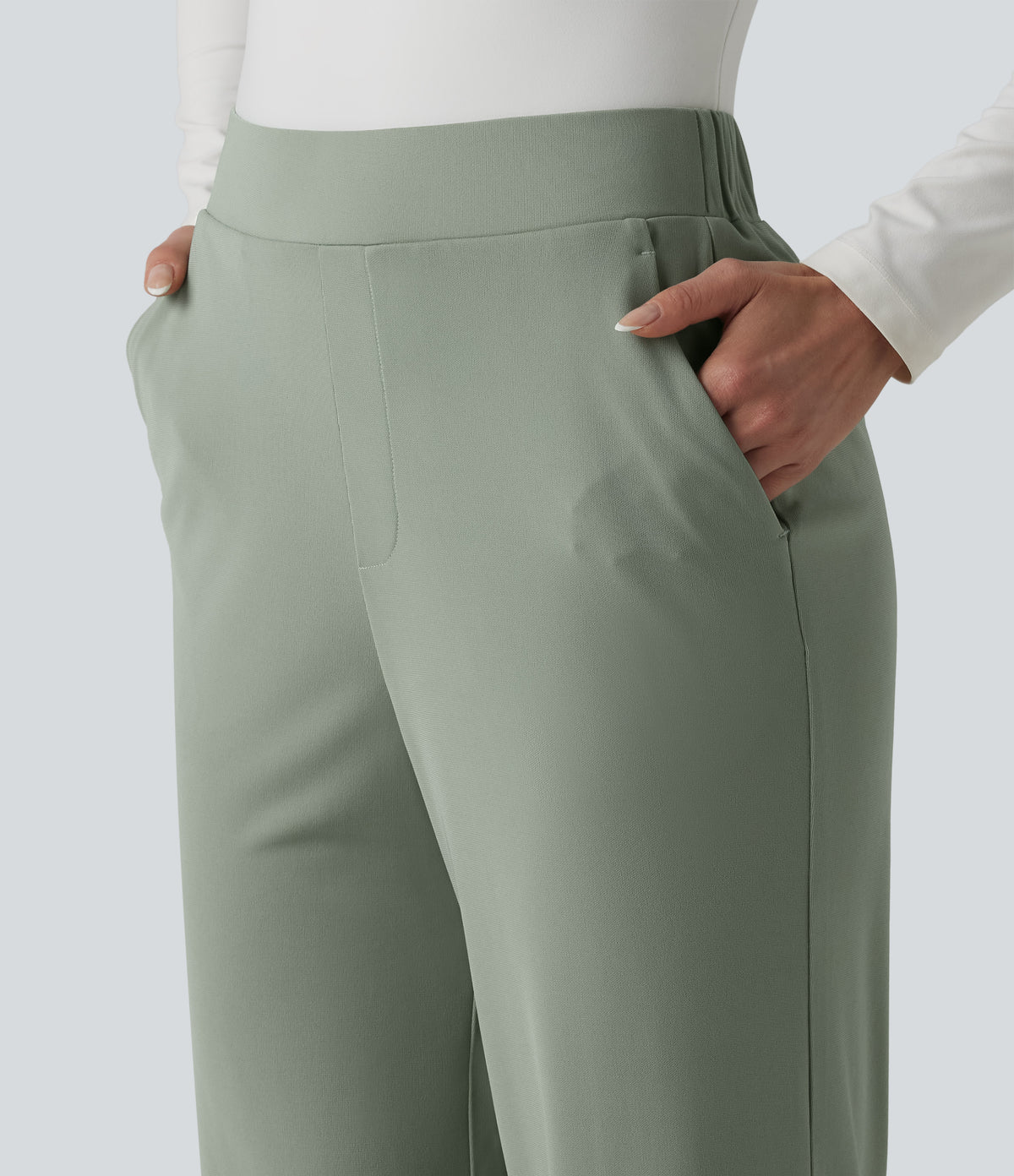 High Waisted Work Straight Leg Trousers with Pockets — Desert Sage — view 4