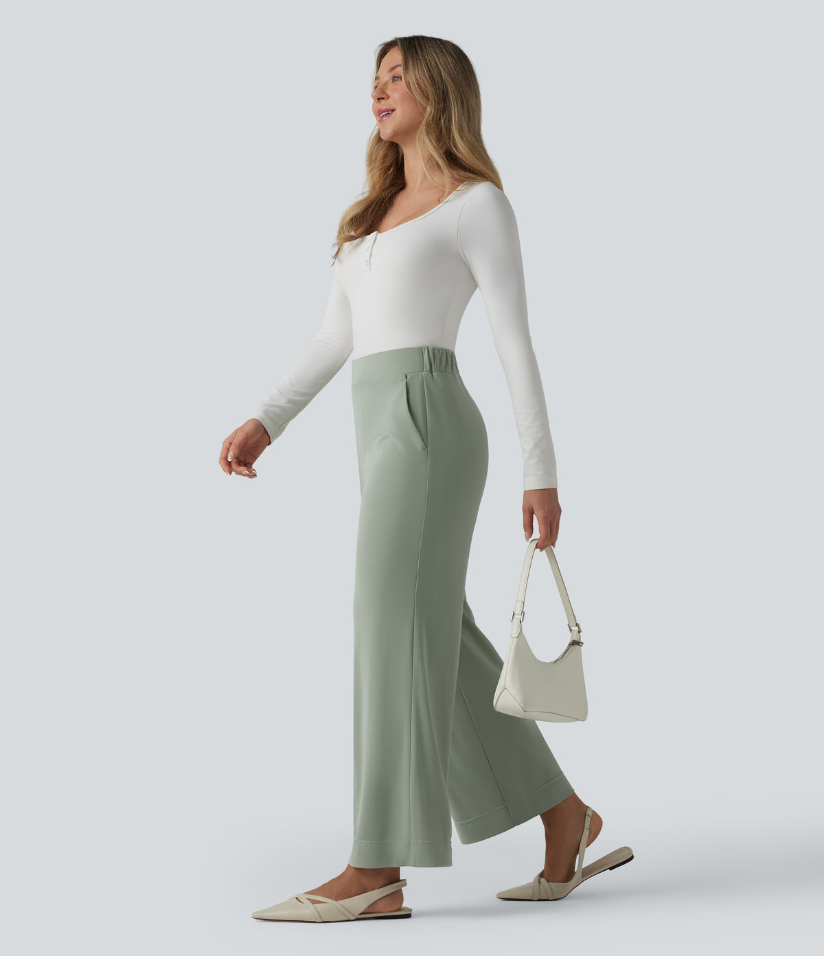 High Waisted Work Straight Leg Trousers with Pockets — Desert Sage — view 7