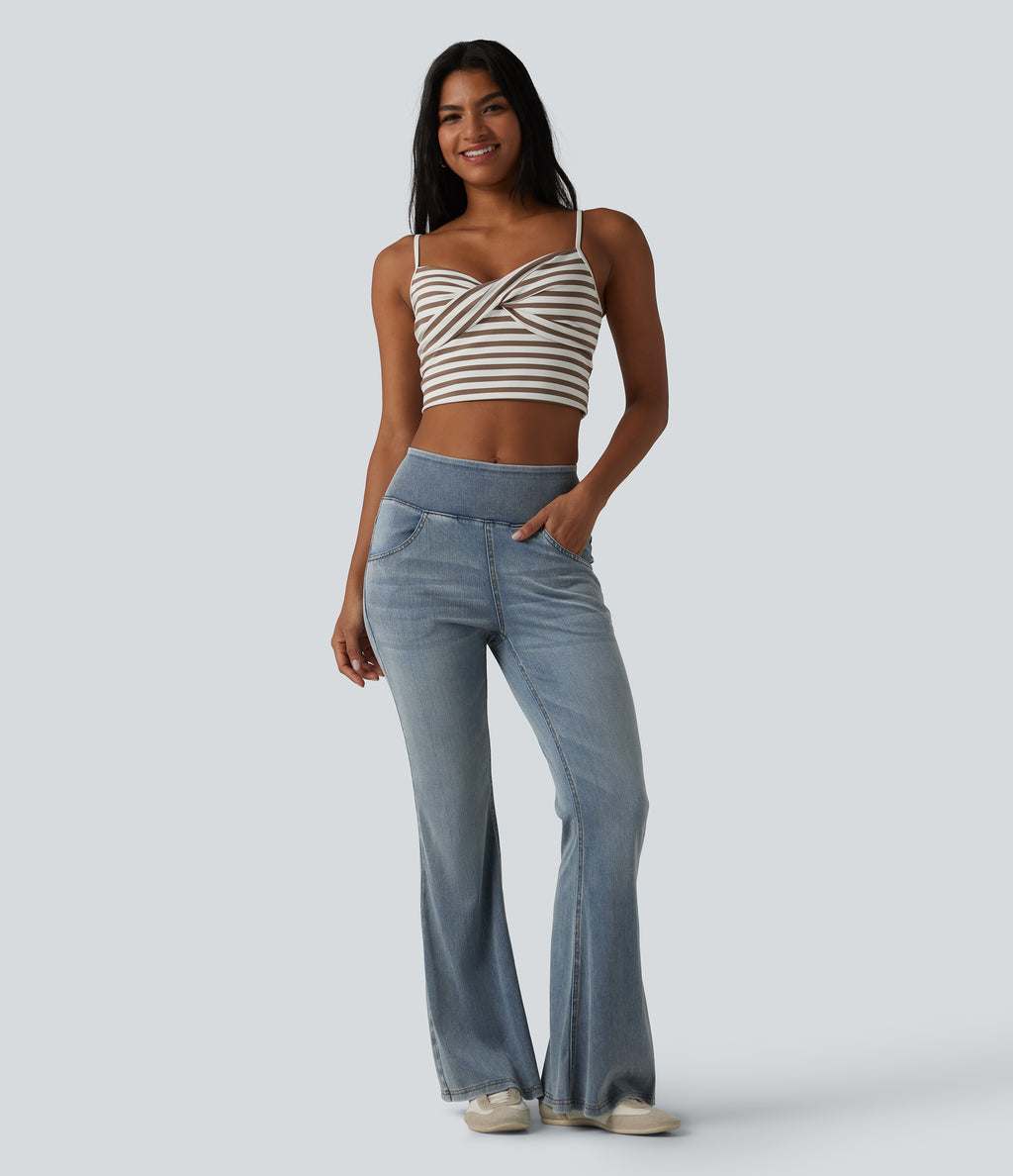 Mid Rise Draped Lyocell Washed Flare Casual Jeans with Pockets — Sunset Blue Denim — view 6