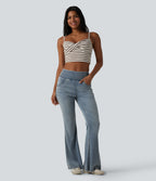 Mid Rise Draped Lyocell Washed Flare Casual Jeans with Pockets — Sunset Blue Denim — view 6