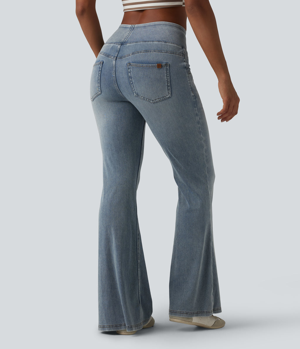Mid Rise Draped Lyocell Washed Flare Casual Jeans with Pockets — Sunset Blue Denim — view 2