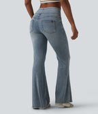 Mid Rise Draped Lyocell Washed Flare Casual Jeans with Pockets — Sunset Blue Denim — view 2