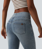 Mid Rise Draped Lyocell Washed Flare Casual Jeans with Pockets — Sunset Blue Denim — view 5
