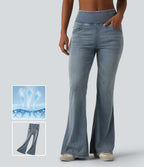 Mid Rise Draped Lyocell Washed Flare Casual Jeans with Pockets — Sunset Blue Denim — view 1