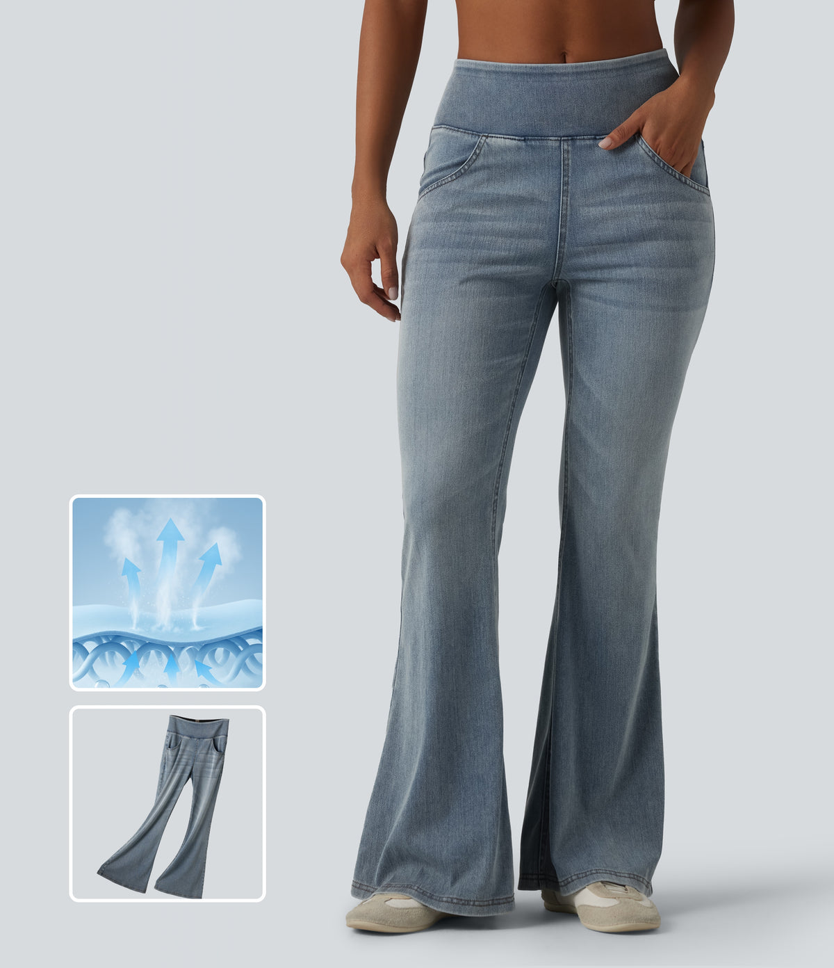 Mid Rise Draped Lyocell Washed Flare Casual Jeans with Pockets — Sunset Blue Denim — view 1
