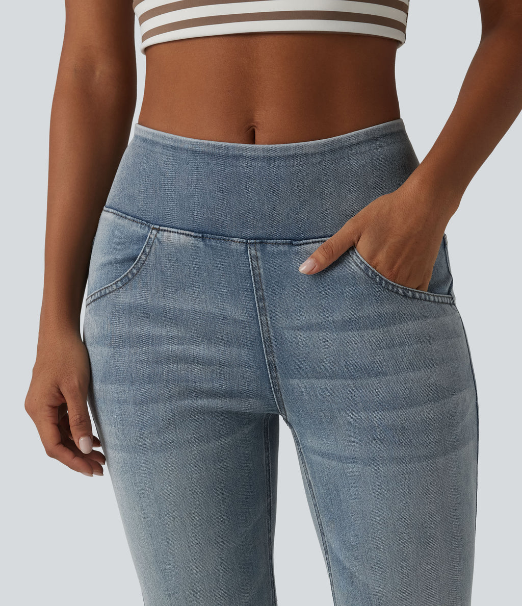 Mid Rise Draped Lyocell Washed Flare Casual Jeans with Pockets — Sunset Blue Denim — view 4