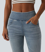 Mid Rise Draped Lyocell Washed Flare Casual Jeans with Pockets — Sunset Blue Denim — view 4