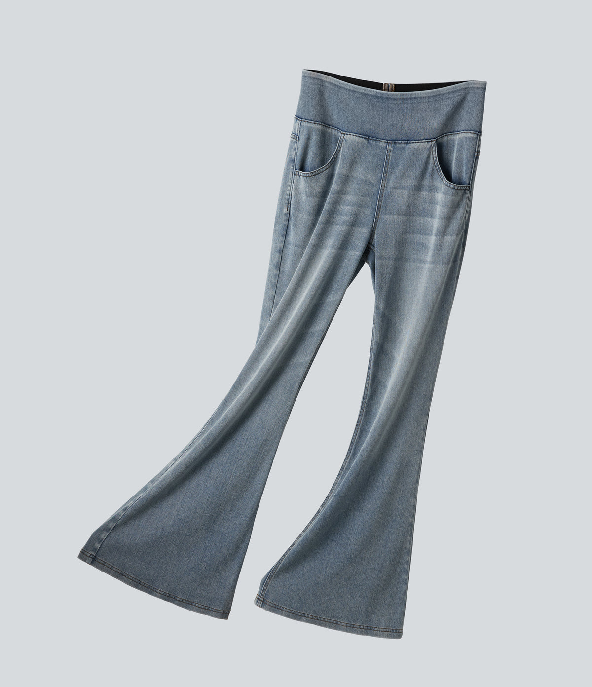 Mid Rise Draped Lyocell Washed Flare Casual Jeans with Pockets — Sunset Blue Denim — view 7
