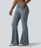 Mid Rise Draped Lyocell Washed Flare Casual Jeans with Pockets — Sunset Blue Denim — view 3