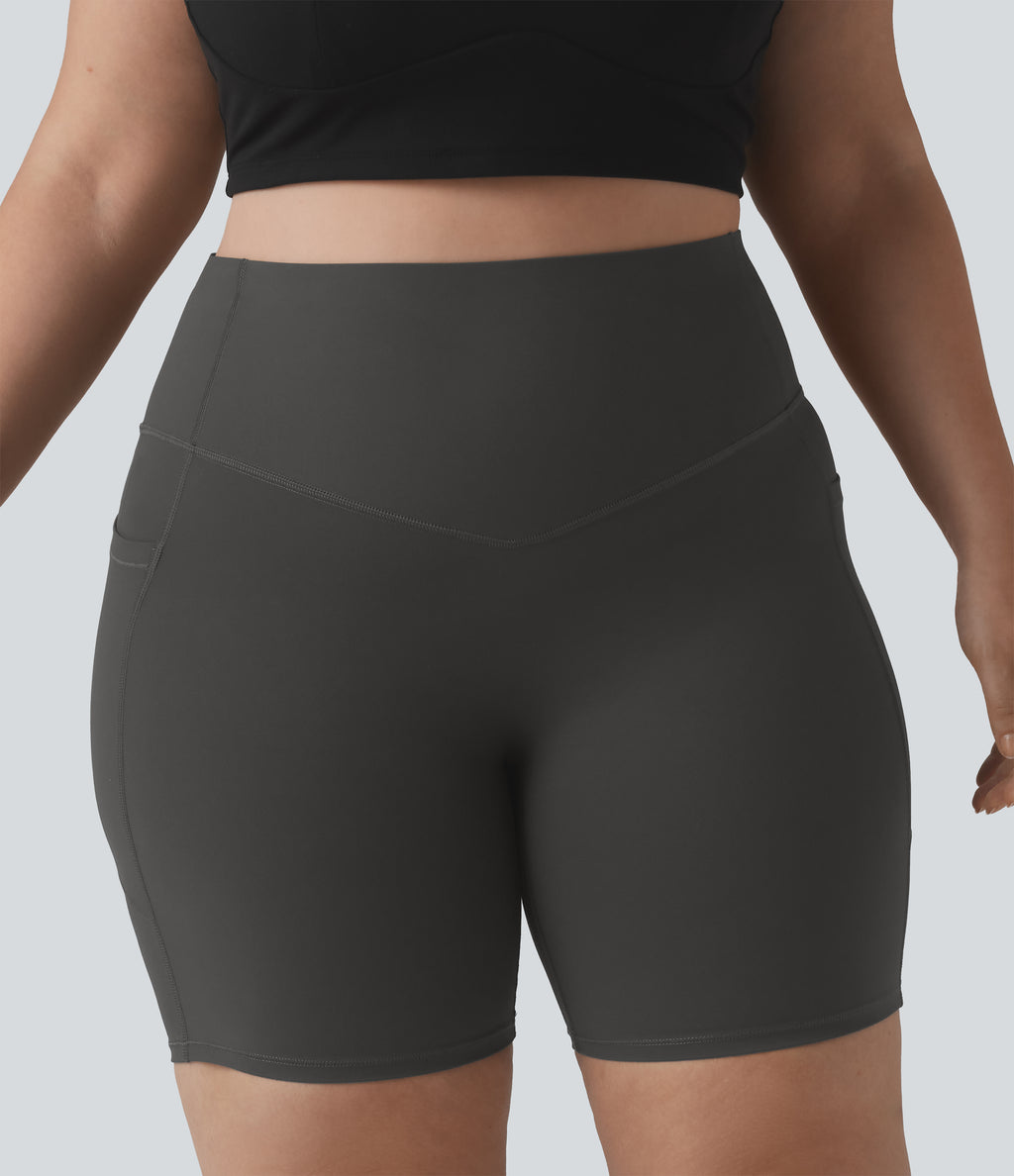 High Waisted Butt Lifting Tummy Control Shaping Training Plus Size Biker Shorts 7'' with Pockets — Volcanic Ash — view 4