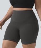 High Waisted Butt Lifting Tummy Control Shaping Training Plus Size Biker Shorts 7'' with Pockets — Volcanic Ash — view 5
