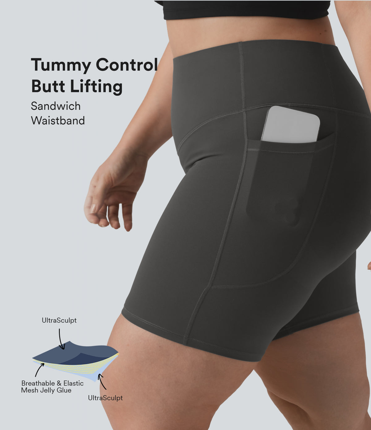 High Waisted Butt Lifting Tummy Control Shaping Training Plus Size Biker Shorts 7'' with Pockets — Volcanic Ash — view 1