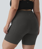 High Waisted Butt Lifting Tummy Control Shaping Training Plus Size Biker Shorts 7'' with Pockets — Volcanic Ash — view 3