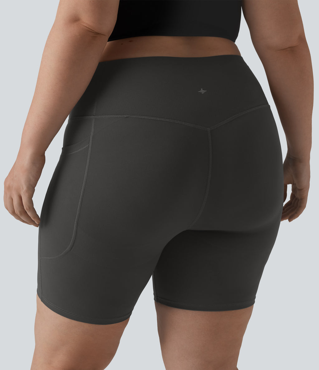 High Waisted Butt Lifting Tummy Control Shaping Training Plus Size Biker Shorts 7'' with Pockets — Volcanic Ash — view 6
