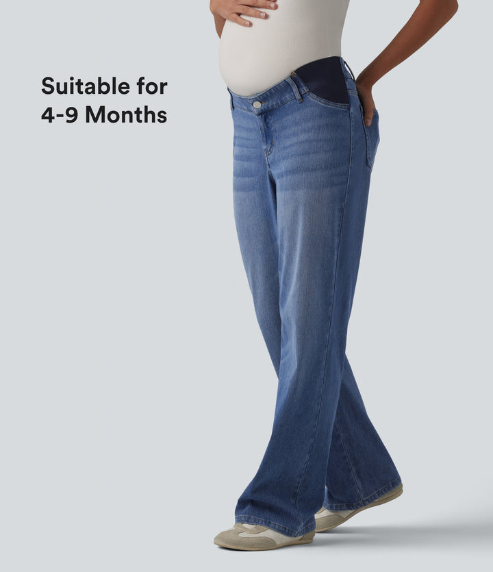 Mid Rise Straight Leg Maternity Casual Jeans with Pockets — Tide Blue Denim — view 1