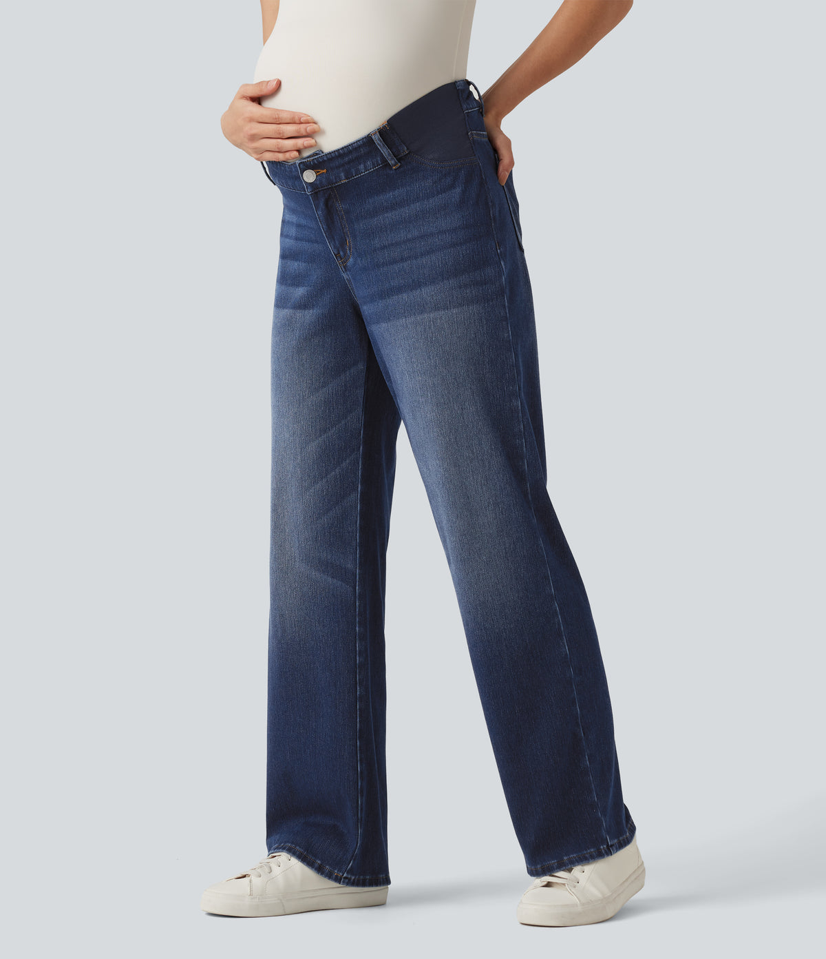 Mid Rise Straight Leg Maternity Casual Jeans with Pockets — Pageant Blue Denim — view 6