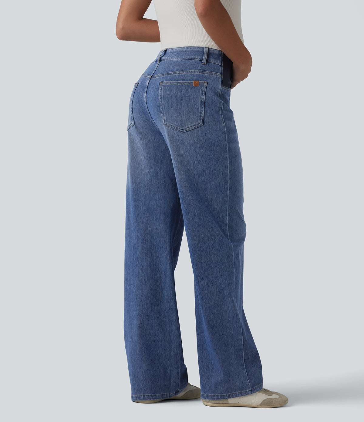 Mid Rise Straight Leg Maternity Casual Jeans with Pockets — Tide Blue Denim — view 2