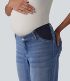 Mid Rise Straight Leg Maternity Casual Jeans with Pockets — Tide Blue Denim — view 4