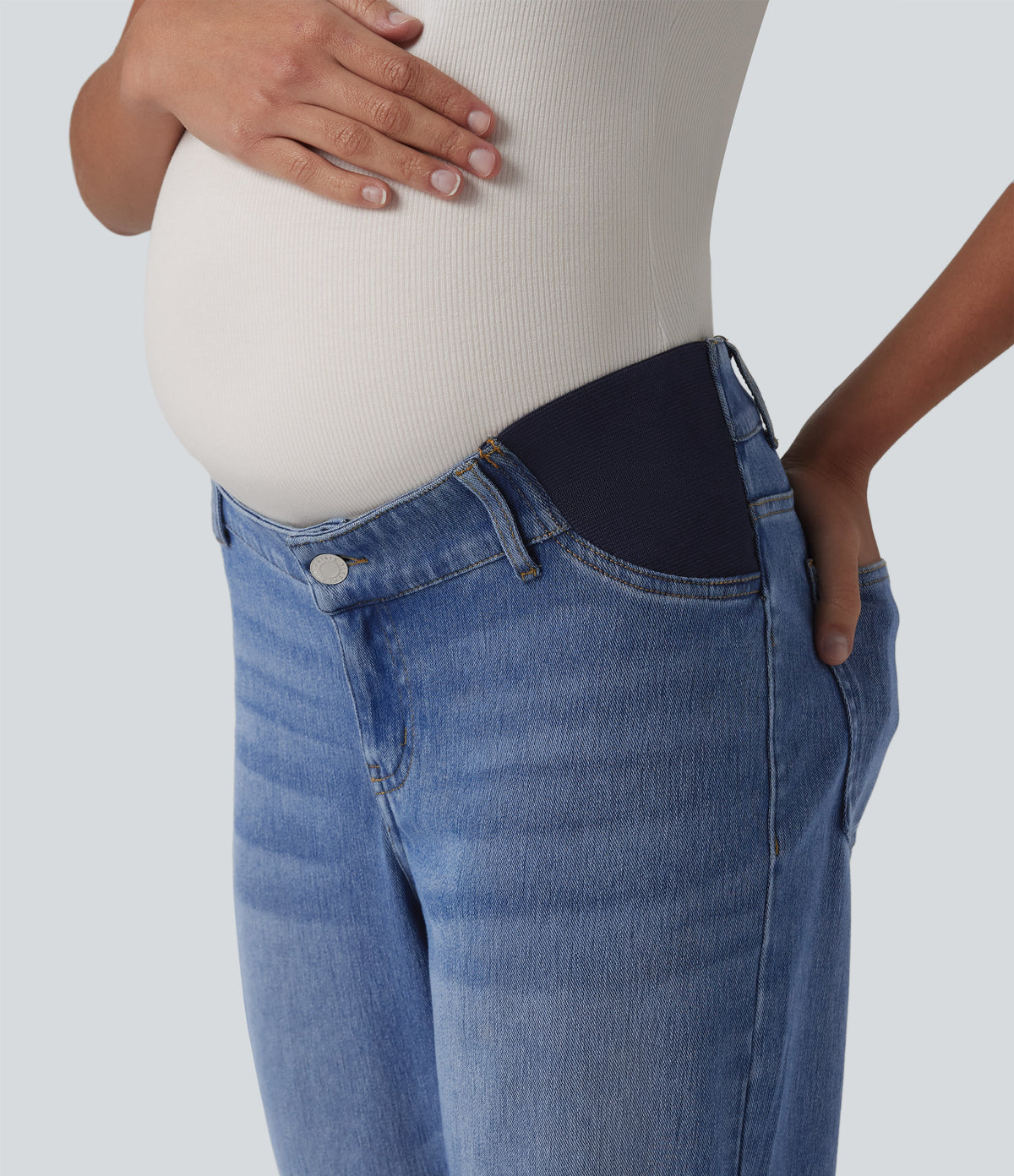 Mid Rise Straight Leg Maternity Casual Jeans with Pockets — Tide Blue Denim — view 4
