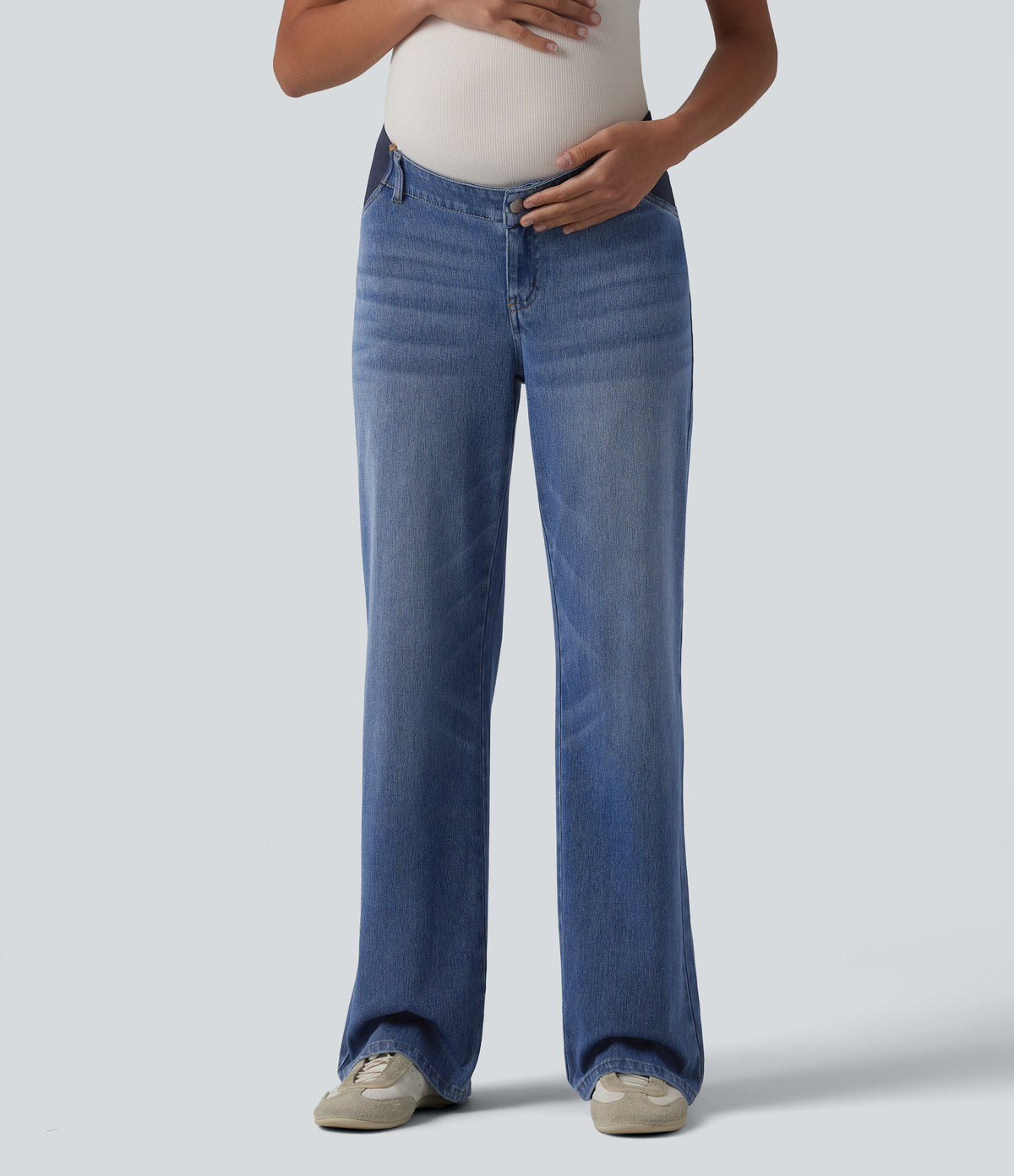 Mid Rise Straight Leg Maternity Casual Jeans with Pockets — Tide Blue Denim — view 3