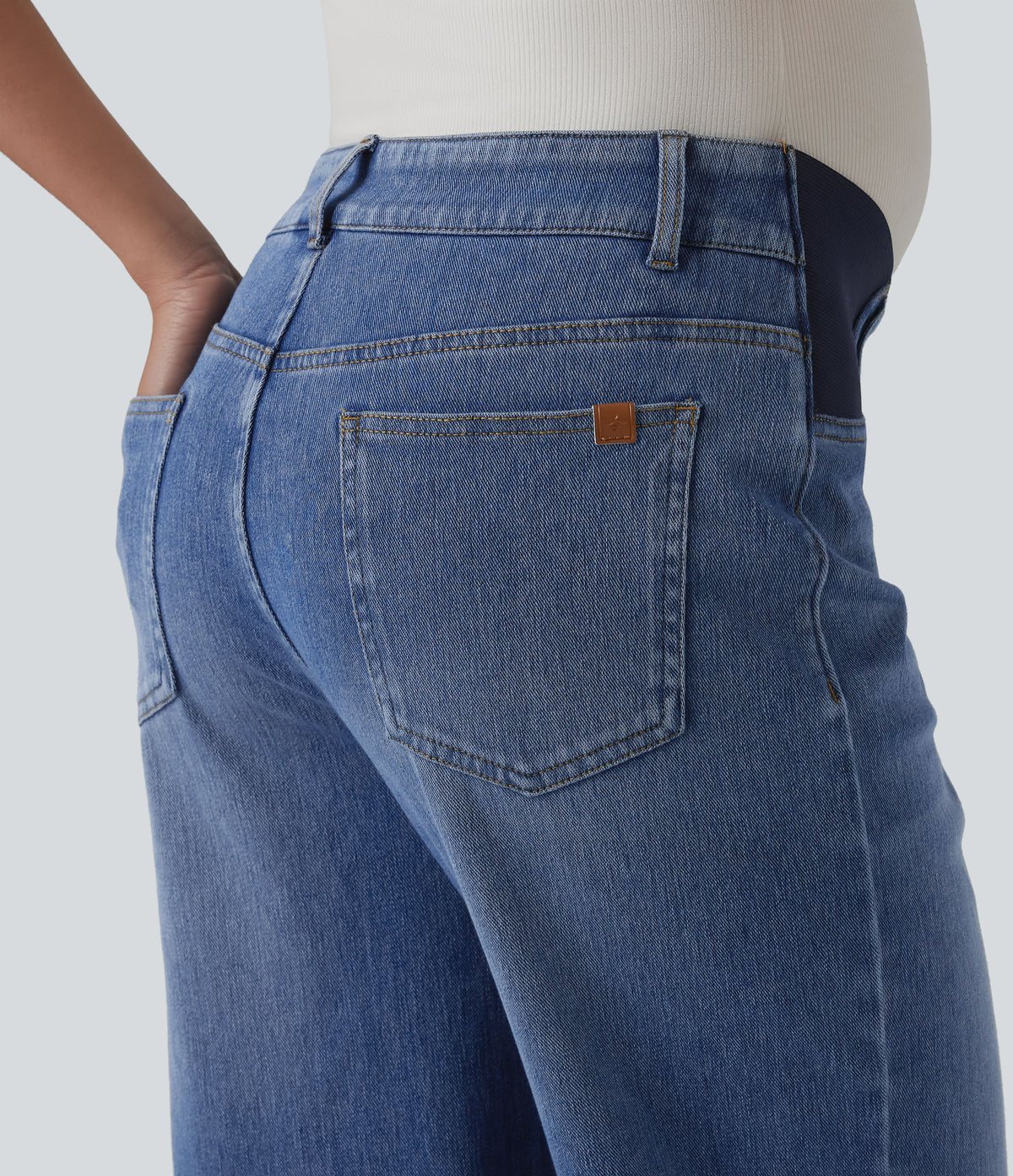 Mid Rise Straight Leg Maternity Casual Jeans with Pockets — Tide Blue Denim — view 5
