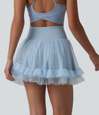 High Waisted Tummy Control Contrast Mesh 2-in-1 Mini Workout Skirt with Pockets — Baby Blue — view 5