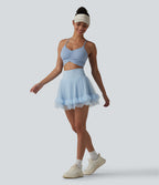 High Waisted Tummy Control Contrast Mesh 2-in-1 Mini Workout Skirt with Pockets — Baby Blue — view 6