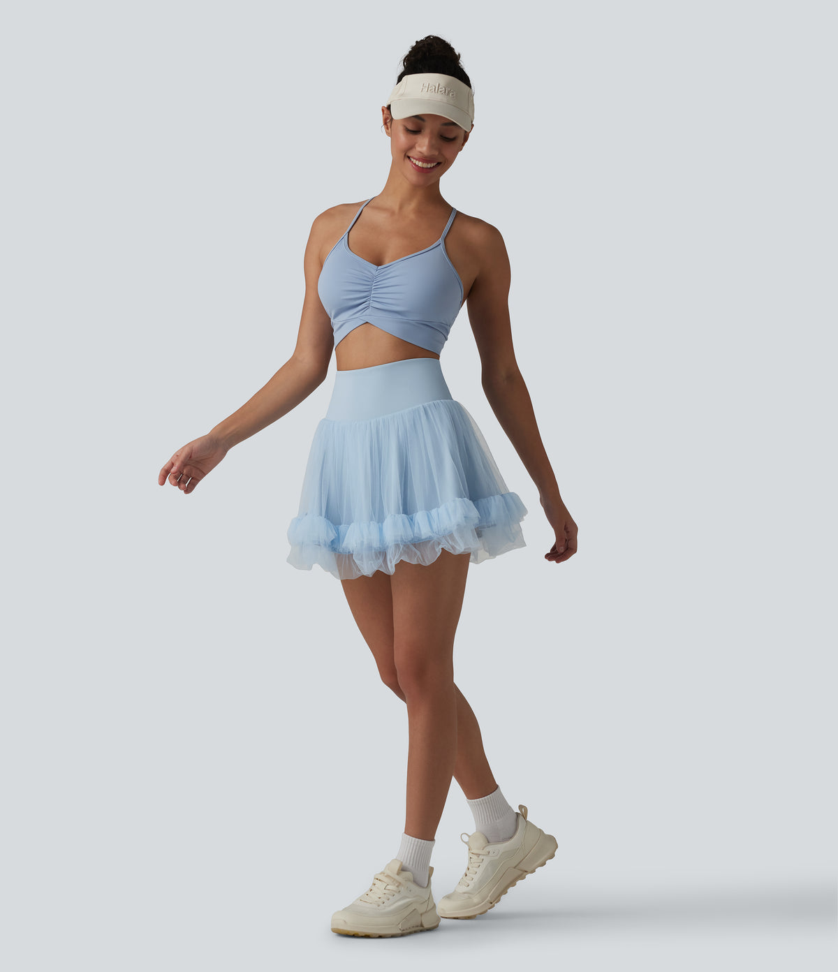 High Waisted Tummy Control Contrast Mesh 2-in-1 Mini Workout Skirt with Pockets — Baby Blue — view 6