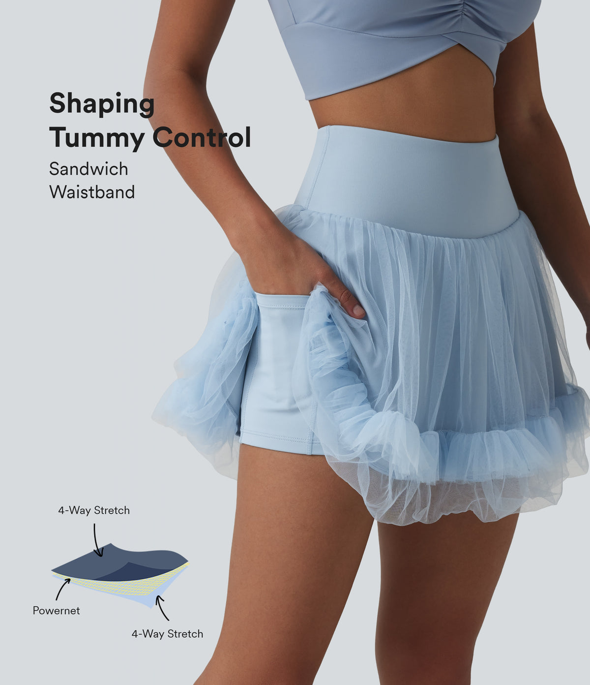High Waisted Tummy Control Contrast Mesh 2-in-1 Mini Workout Skirt with Pockets — Baby Blue — view 1
