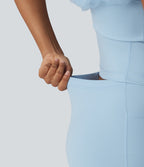 Contrast Mesh Built-in Bra 2-in-1 Mini Workout Active Dress with Pockets-Edition — Wathet Blue — view 4