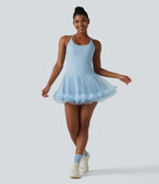 Contrast Mesh Built-in Bra 2-in-1 Mini Workout Active Dress with Pockets-Edition — Wathet Blue — view 7