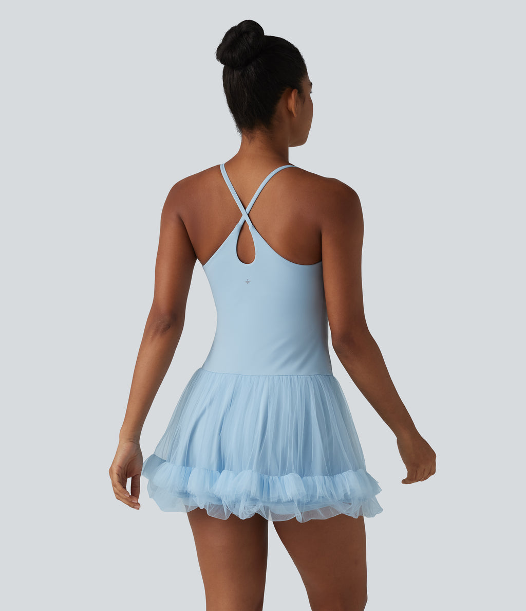 Contrast Mesh Built-in Bra 2-in-1 Mini Workout Active Dress with Pockets-Edition — Wathet Blue — view 2