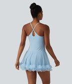 Contrast Mesh Built-in Bra 2-in-1 Mini Workout Active Dress with Pockets-Edition — Wathet Blue — view 2