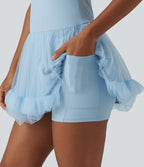 Contrast Mesh Built-in Bra 2-in-1 Mini Workout Active Dress with Pockets-Edition — Wathet Blue — view 5