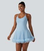 Contrast Mesh Built-in Bra 2-in-1 Mini Workout Active Dress with Pockets-Edition — Wathet Blue — view 3