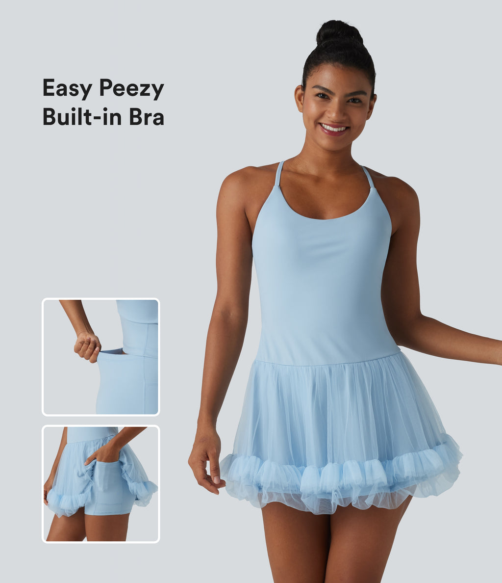 Contrast Mesh Built-in Bra 2-in-1 Mini Workout Active Dress with Pockets-Edition — Wathet Blue — view 1